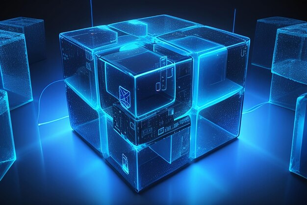 The blue luminous lines penetrate the floating cube technology sense background