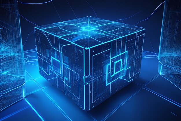 The blue luminous lines penetrate the floating cube technology sense background