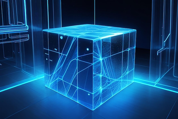 Foto le linee luminose blu penetrano nello sfondo del senso della tecnologia del cubo fluttuante