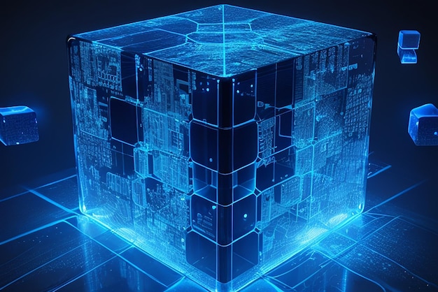 The blue luminous lines penetrate the floating cube technology sense background