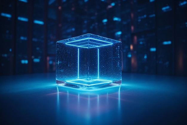 The blue luminous lines penetrate the floating cube technology sense background