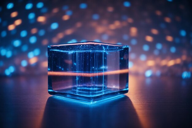 The blue luminous lines penetrate the floating cube technology sense background