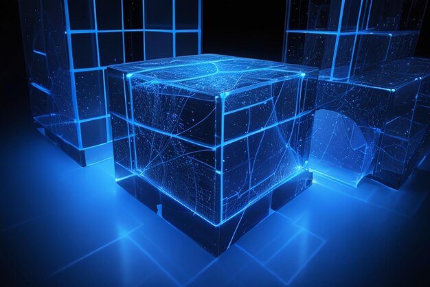 The blue luminous lines penetrate the floating cube technology sense background