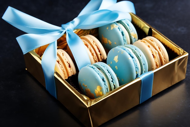 Blue macarons in gift box on blue background with golden decoration