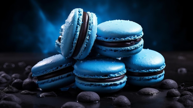 Photo blue macaroons on a dark background 3d rendering