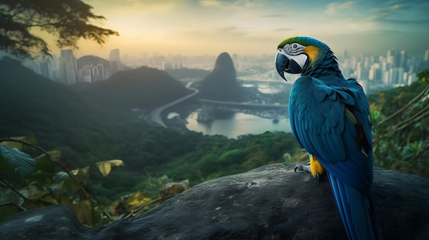 A blue macaw sits on a cliff in rio de janeiro