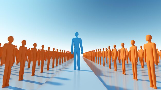 A blue man standing in a row of orange people