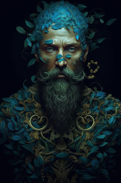 A blue man with a beard and vines