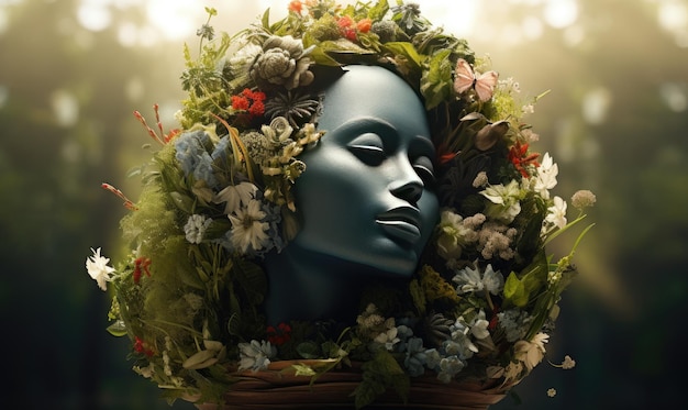 A blue mannequin head with a wreath of flowers around it