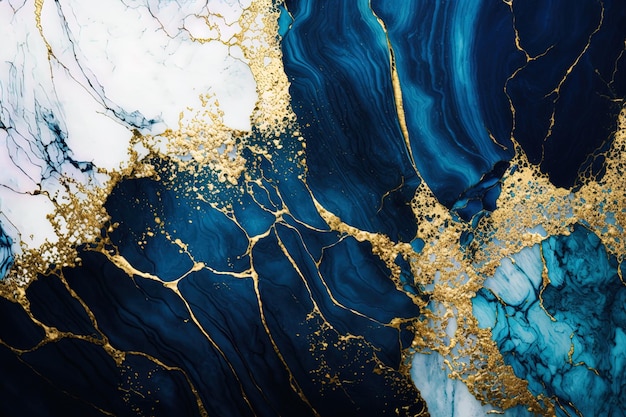 Blue marble abstract background with gold dust texture generative AI