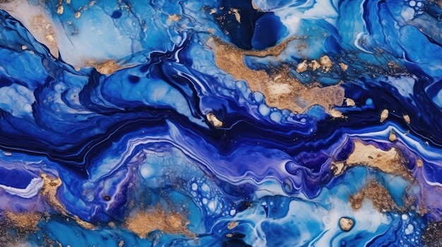 A blue marble painting with a gold and blue marble background.