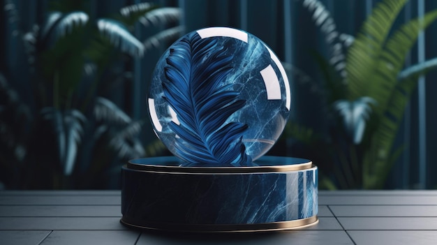 A blue marble sphere with a feather on it in front of a dark background.