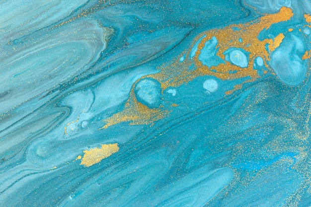 Blue marbling background. Golden marble liquid texture.