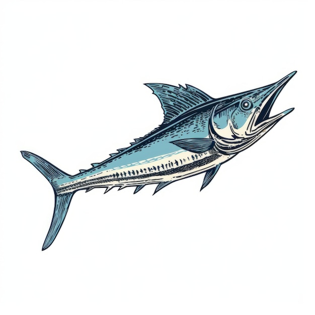 Photo blue marlin illustration flat colors detailed engraving tupinipunk style