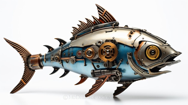 Blue marlin steampunk aged metal fish automaton