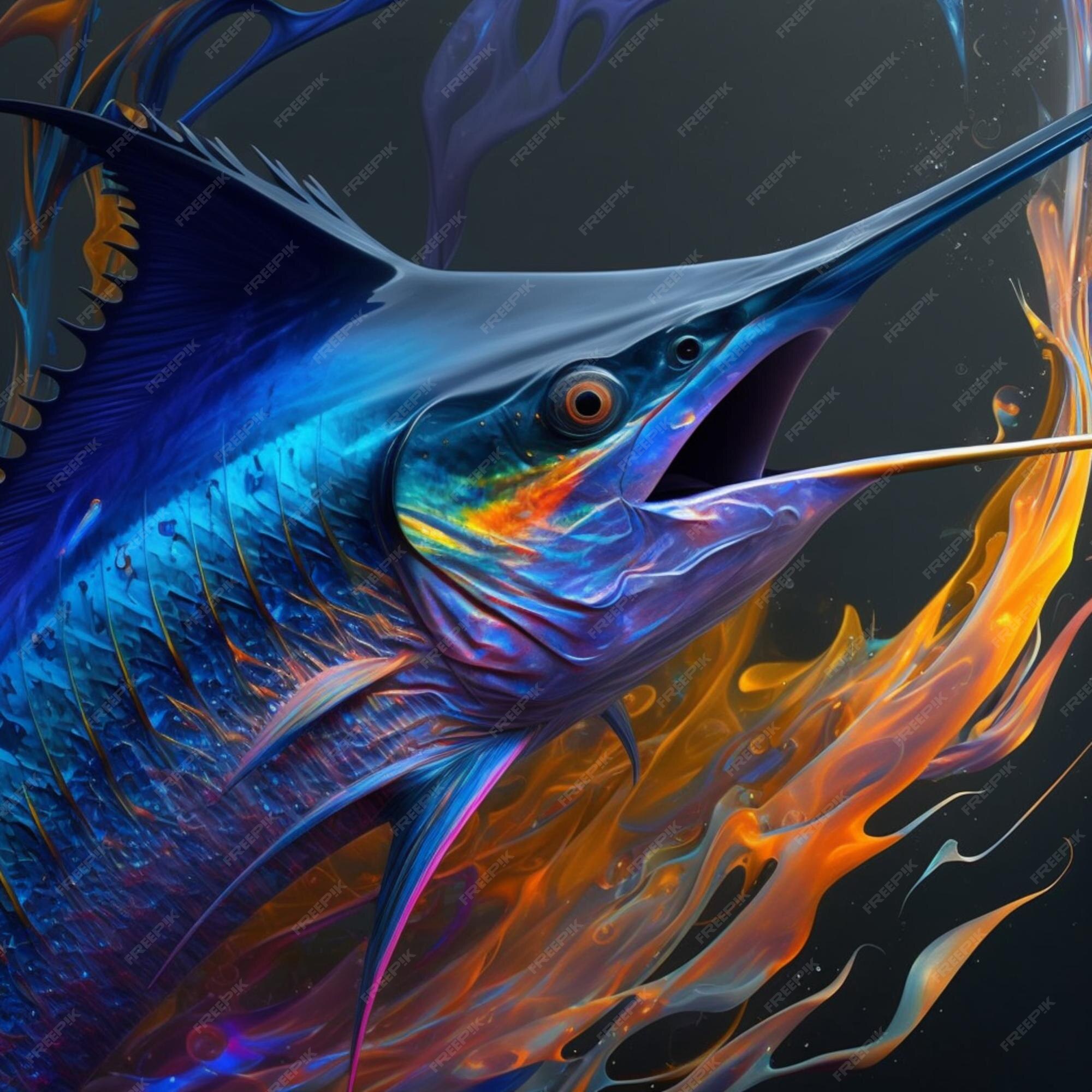 Premium Photo | A blue marlin with a fish mouth open and a red flame in