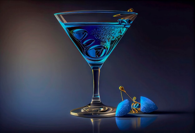 A blue martini glass with ice cubes next to a pair of blue gemstones.