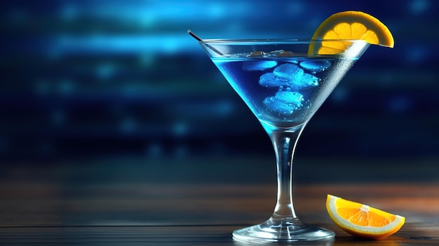 Blue martini with ice cubes on a table