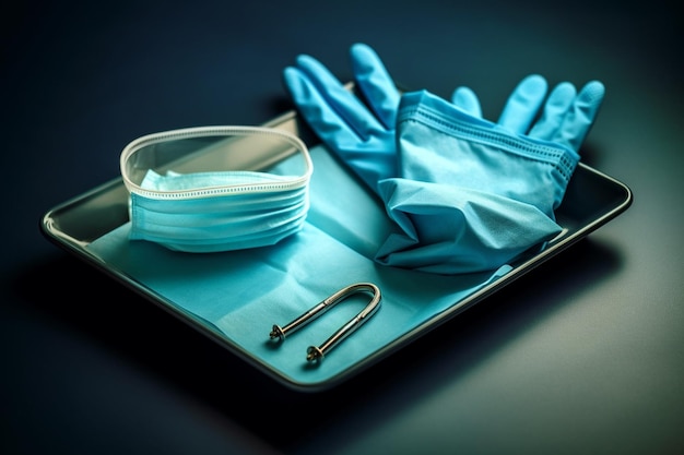 A blue mask and gloves are on a tray next to a surgical tool.