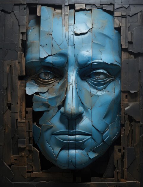 a blue mask on a wall