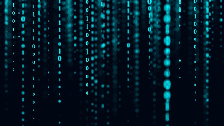 Photo blue matrix background technology stream binary code digital illustration programming coding hacking and encryption 3d rendering