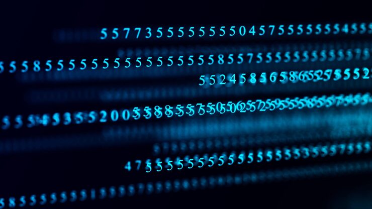 Photo blue matrix background technology stream binary code falling numbers on screen programming coding hacking and encryption 3d rendering