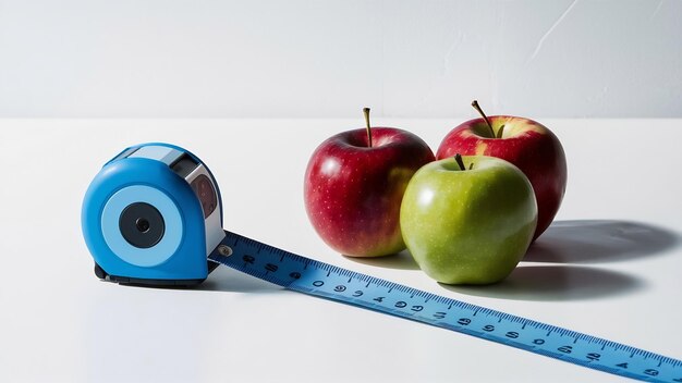 Blue measuring tape with red and green apples isolated on white background