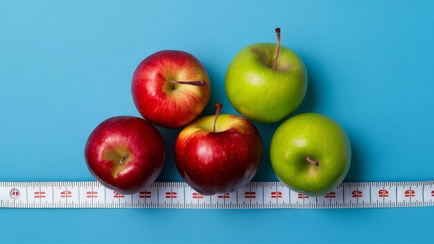 Blue measuring tape with red and green apples isolated on white background