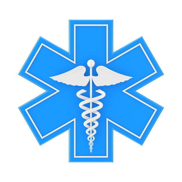 Photo blue medical emergency star of life with white caduceus medical symbol on a white background. 3d rendering