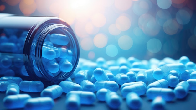 Photo blue medical pills and tablets spilling out of a drug bottle created with generative ai technology