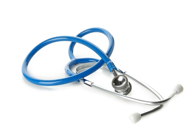 Blue medical stethoscope isolated on white