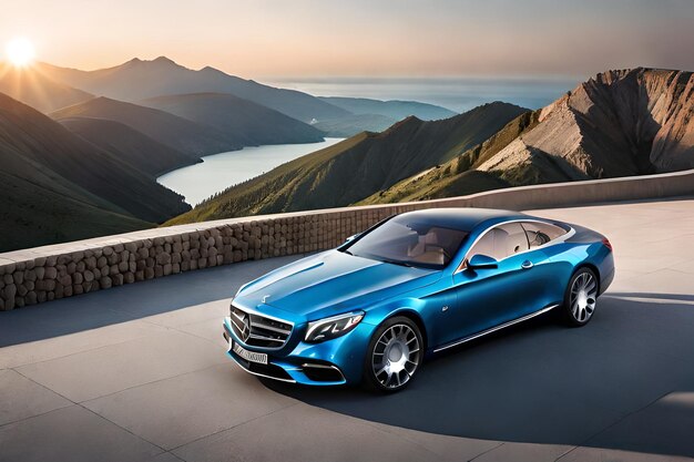 A blue mercedes - benz s - class is parked on a mountain road.