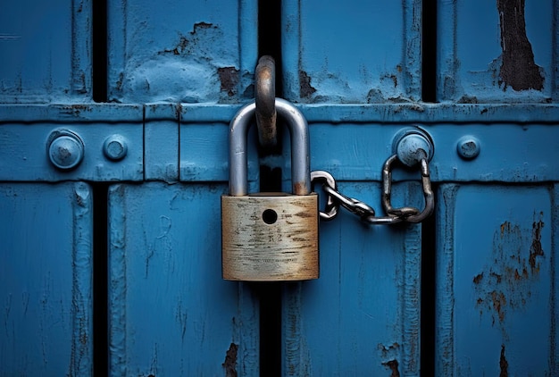 a blue metal padlock with rusty handles in the style of ilford pan 400