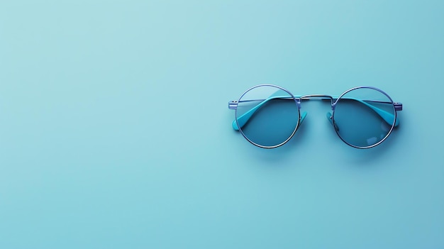 Blue metal sunglasses with blue glass on a blue background The glasses are folded with the left lens up