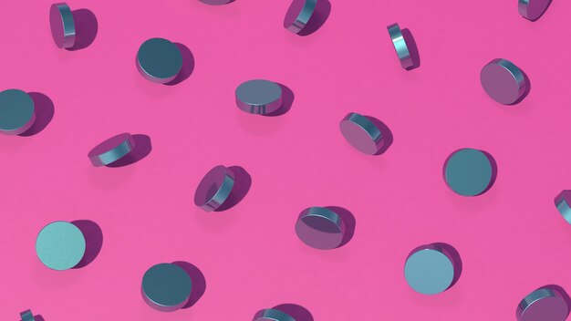 Blue metallic circle shapes, pink background. Abstract illustration, 3d render.