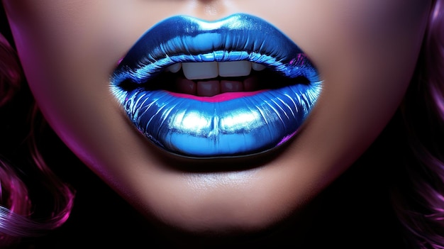 Blue metallic lips of a girl Glitter and sparkles Closeup