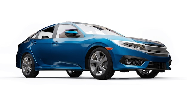 Blue mid-size urban family sedan on a white uniform background. 3d rendering.