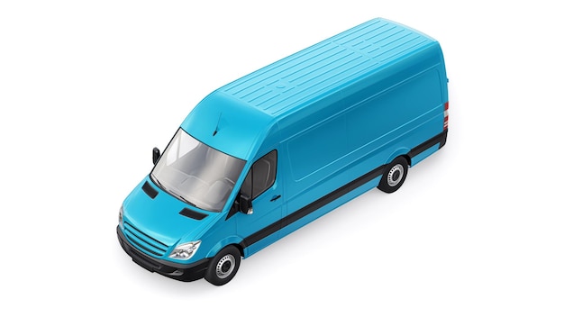 Blue midsize commercial van on a white background A blank body for applying your design inscriptions and logos 3d illustration