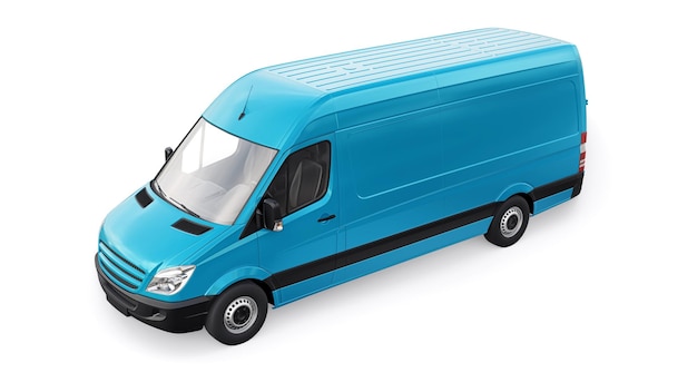 Blue midsize commercial van on a white background A blank body for applying your design inscriptions and logos 3d illustration