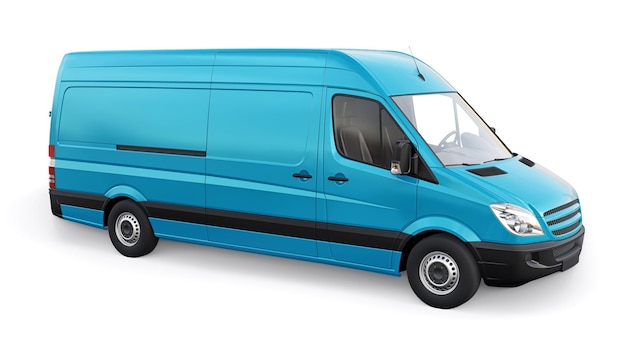 Blue midsize commercial van on a white background A blank body for applying your design inscriptions and logos 3d illustration