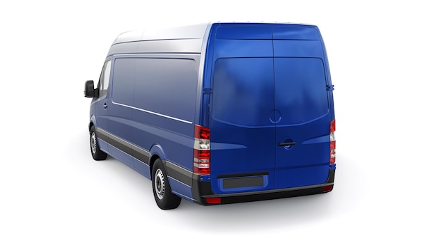 Blue midsize commercial van on a white background A blank body for applying your design inscriptions and logos 3d illustration