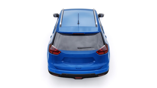 흰색 배경 3D 그림에 파란색 중형 가족 도시 SUV 자동차