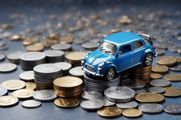 Blue miniature car on coin stack Saving money for car and business finance concept