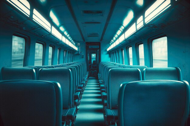 Синий минималистский интерьер поезда с пустыми кожаными сиденьями вагона