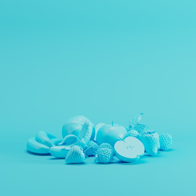 Blue Mixfruit monotone on pastel blue background. minimal fruit idea concept.