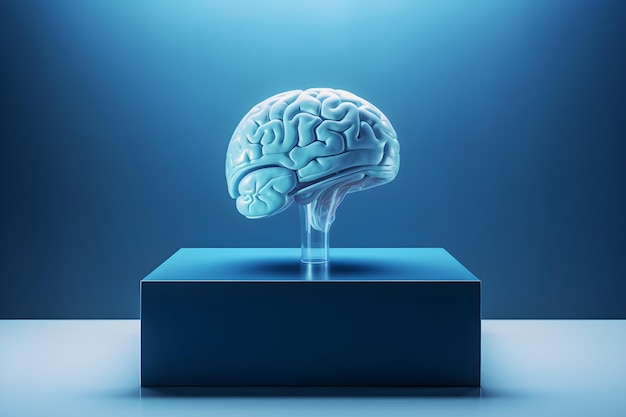 A blue model of a brain is shown on a blue background