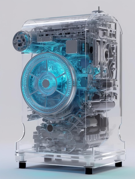 A blue model of a car engine is shown with a blue light on it.
