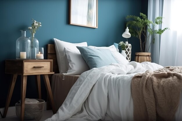 Blue modern bedroom Coloured modern white and blue bedroom with big panoramic window blue bedroom in apartment Interior view of luxurious blue bedroom with bed Generative AI