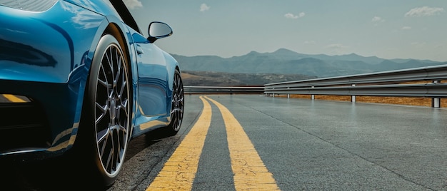 Photo blue modern car automobile on a background of a street close up of a side illustration and 3d render