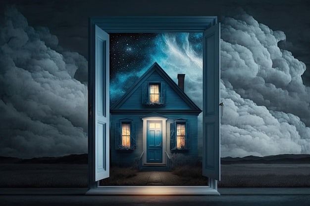 Blue modern house with window and door on background of sky with clouds exterior of a classic house at night